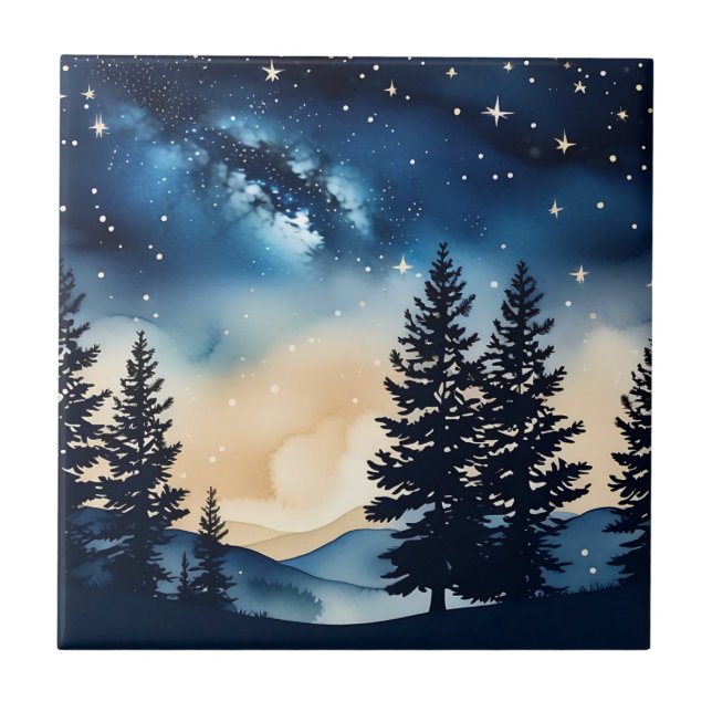 Starry Night Pine A Dreamy Watercolor Tile (Front)
