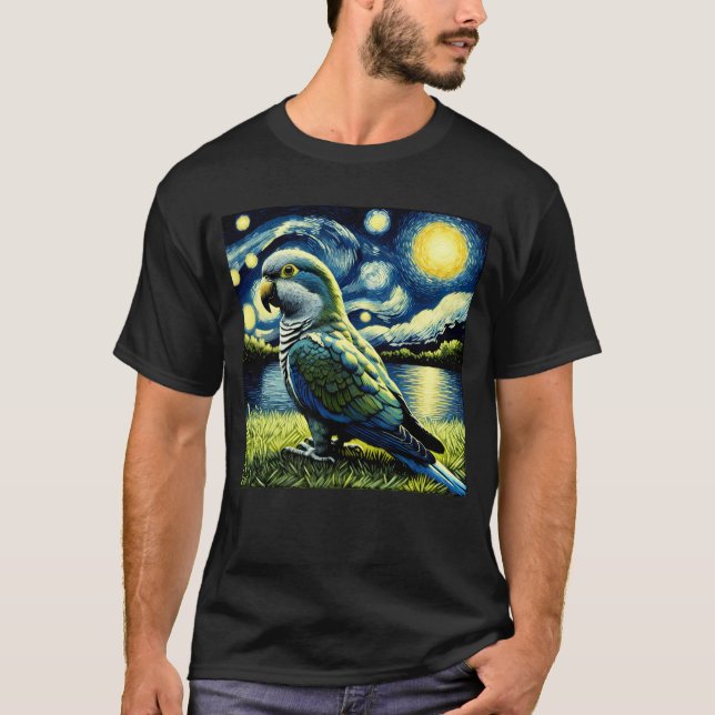 Starry Night Quaker Parrot Van Gogh Bird Lover T-Shirt (Front)