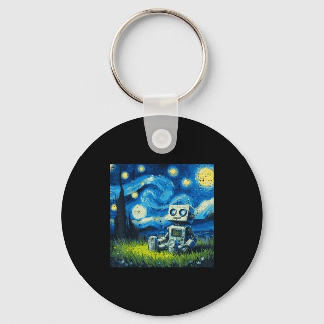Starry Night Robot Funny Painting Art Meme Kids Me Keychain (Front)