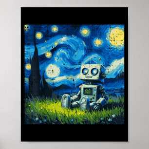 Starry Night Robot Funny Painting Art Meme Kids Me Poster
