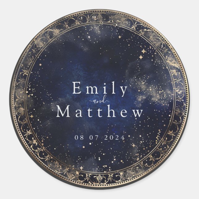 Starry Night Romance Wedding Classic Round Sticker (Front)