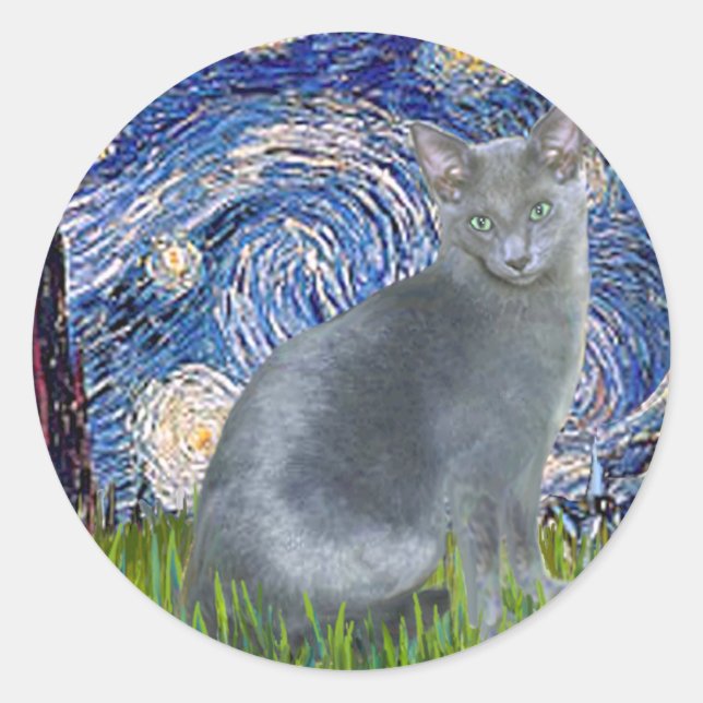 Starry Night - Russian Blue cat 2 Classic Round Sticker (Front)