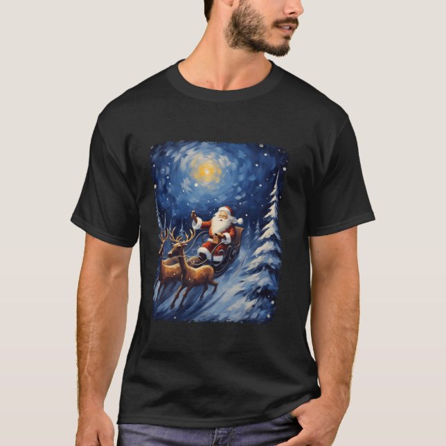 Starry Night Santa Reindeer Van Gogh Famous Painti T-Shirt (Front)