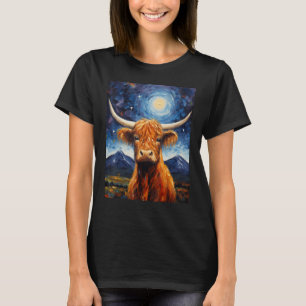 Starry Night Scottish Highlander Cow van Gogh Pain T-Shirt
