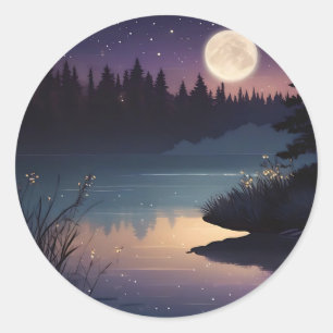 Starry Night Serenity Lakeside Glow Classic Round Sticker