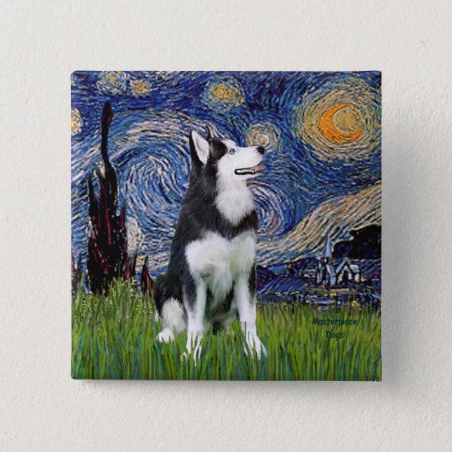 Starry Night - Siberian Husky #1 2 Inch Square Button (Front)