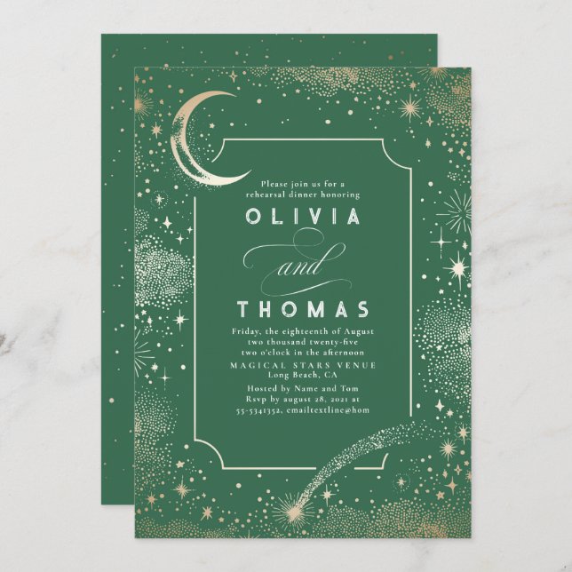 Starry Night Sky Crescent Moon Rehearsal Dinner Invitation (Front/Back)
