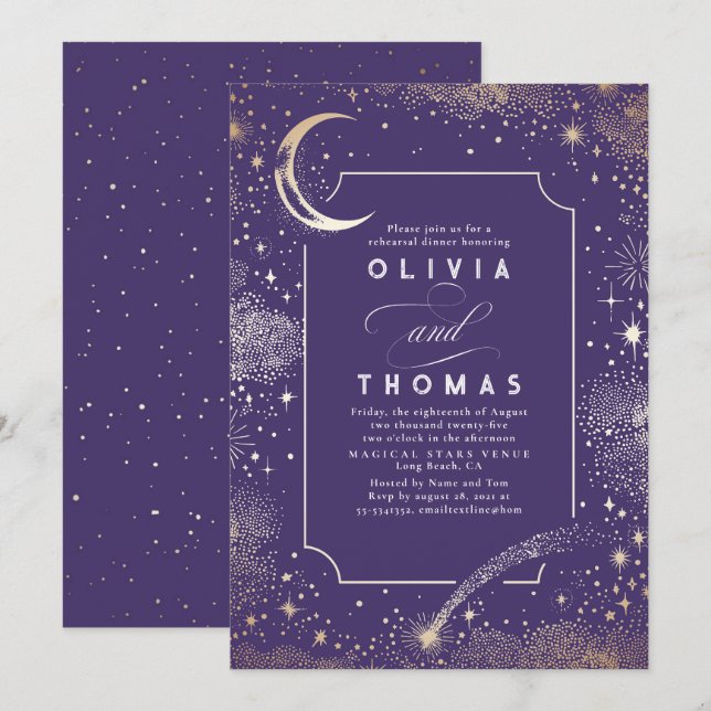 Starry Night Sky Crescent Moon Rehearsal Dinner Invitation (Front/Back)