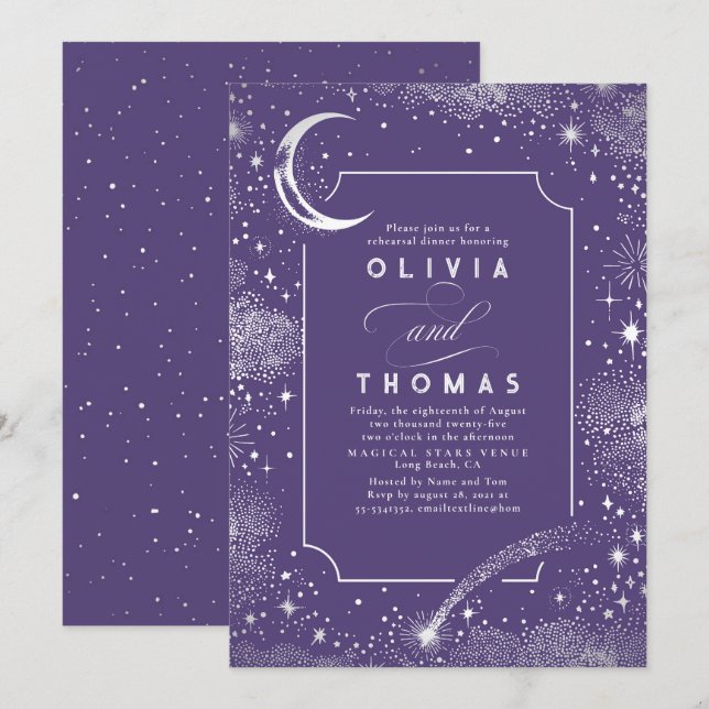 Starry Night Sky Crescent Moon Rehearsal Dinner Invitation (Front/Back)