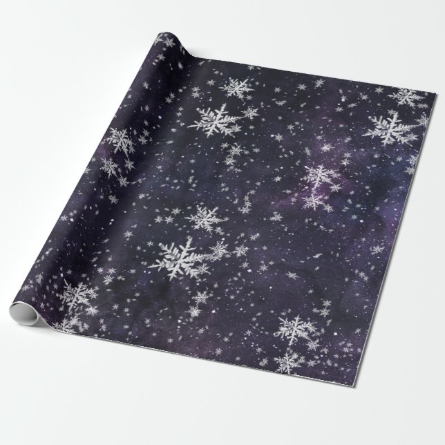 Starry Night Sky Fresh Fallen Snowflakes Wrapping Paper (Unrolled)
