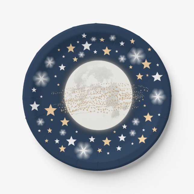 Starry Night Sky/ Moon & Stars/ Navy Twinkle Star Paper Plate (Front)