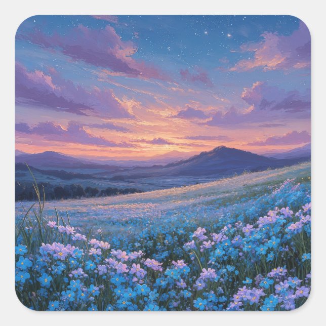 Starry Night Sky Over Blue Wildflower Meadow Square Sticker (Front)