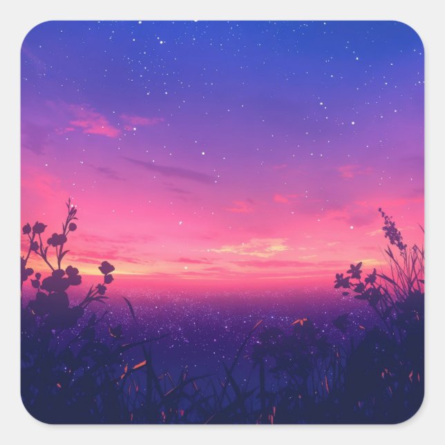 Starry Night Sky Over Pink Sunset Wildflower Square Sticker (Front)
