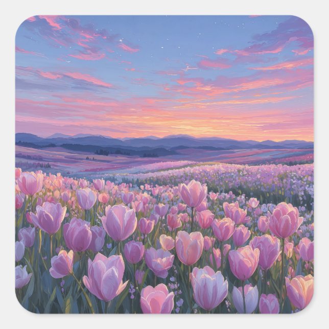 Starry Night Sky Over Pink Tulip Meadow Square Sticker (Front)