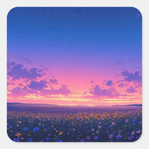 Starry Night Sky Over Purple and Yellow Wildflower Square Sticker