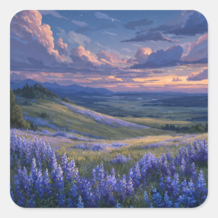 Starry Night Sky Over Purple Lavender Field Square Sticker
