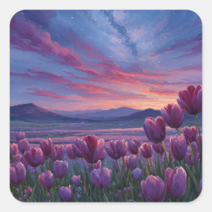 Starry Night Sky Over Purple Tulip Meadow Square Sticker