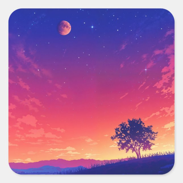 Starry Night Sky with Red Moon and Tree Silhouette Square Sticker (Front)