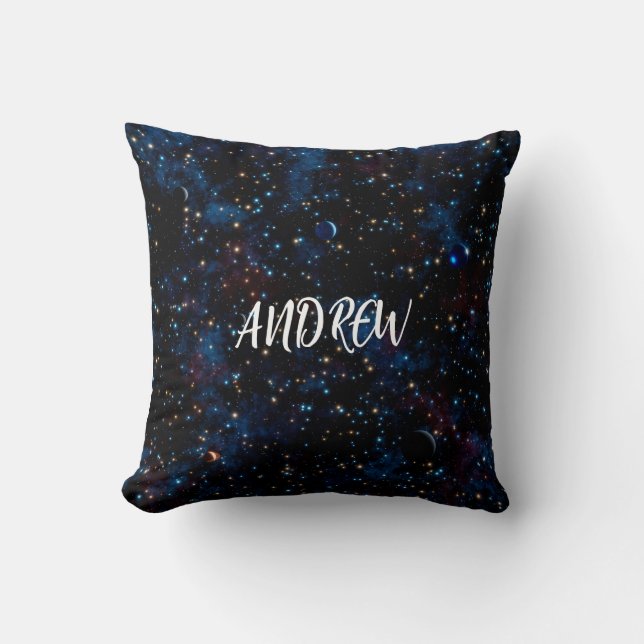 Starry night sky with stars and planets throw pillow (Front)