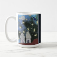 Starry Night Sky with Tiny Houses and Full Moon