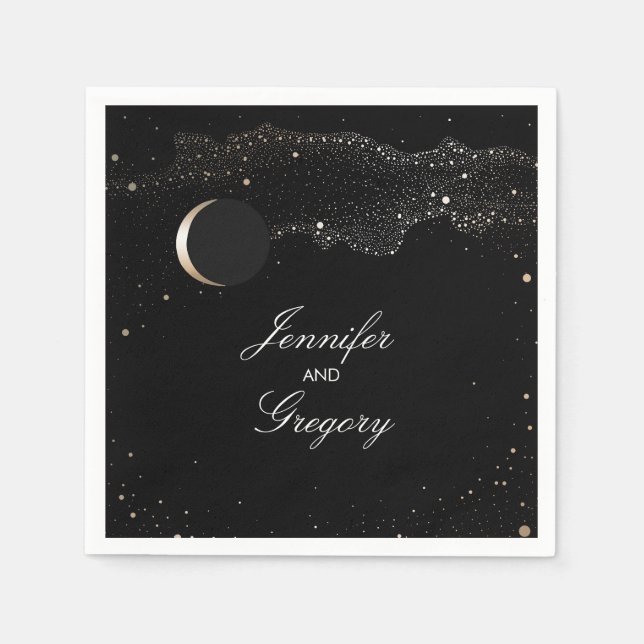 Starry Night Stars Black and Gold Wedding Napkin (Front)