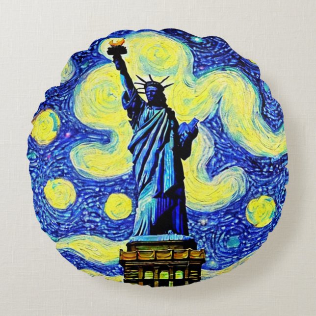 Starry Night Statue Of Liberty New York Round Pillow (Front)
