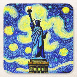 Starry Night Statue Of Liberty New York Square Paper Coaster