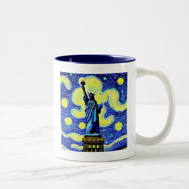 Starry Night Statue Of Liberty New York Two-Tone Coffee Mug (Right)
