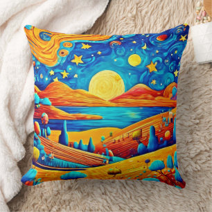 Starry Night Surrealism Cartoon Art Throw Pillow