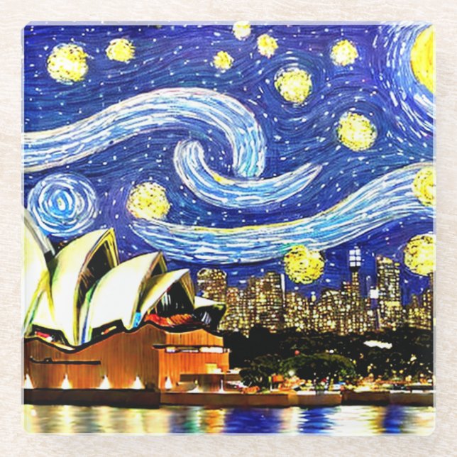 Starry Night Sydney Australia Opera House Glass Coaster (Front)