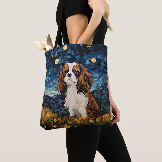STARRY NIGHT THEMED CAVALIER KING CHARLES SPANIEL TOTE BAG (Close Up)