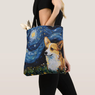STARRY NIGHT THEMED PEMBROKE CORGI DOG TOTE BAG