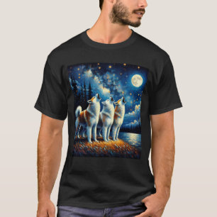 Starry Night Three Akita Howling at Moon Dog Lover T-Shirt
