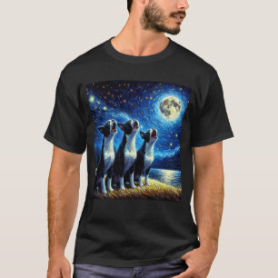 Starry Night Three Boston Terriers Howling at T-Shirt
