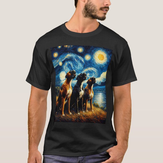 Starry Night Three Boxers Howling at Moon Dog T-Shirt (Front)