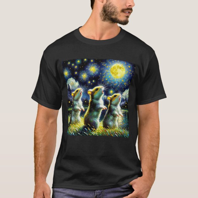 Starry Night Three Hamsters Howling at Moon Van T-Shirt (Front)
