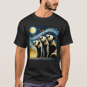 Starry Night Three Pandas Howling at Moon Van T-Shirt
