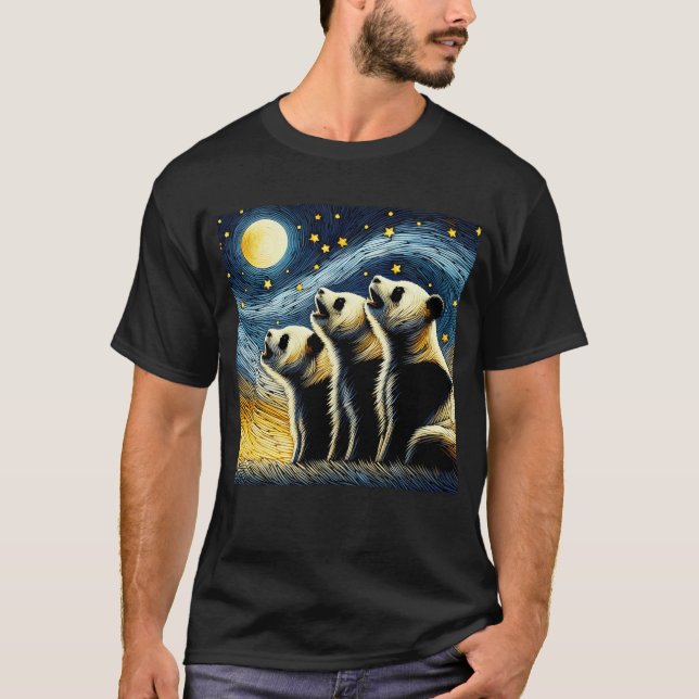 Starry Night Three Pandas Howling at Moon Van T-Shirt (Front)