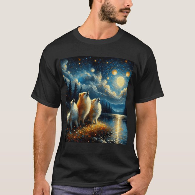 Starry Night Three Pomeranians Howling at Moon T-Shirt (Front)
