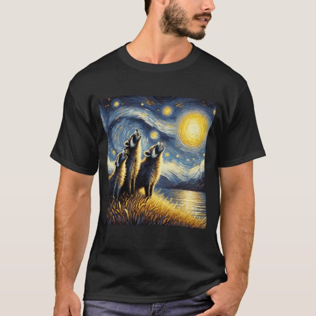 Starry Night Three Raccoon Howling at Moon Van T-Shirt (Front)