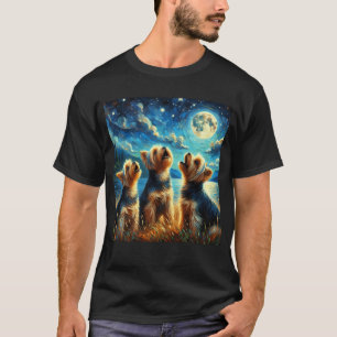 Starry Night Three Yorkshire Terriers Howling at T-Shirt