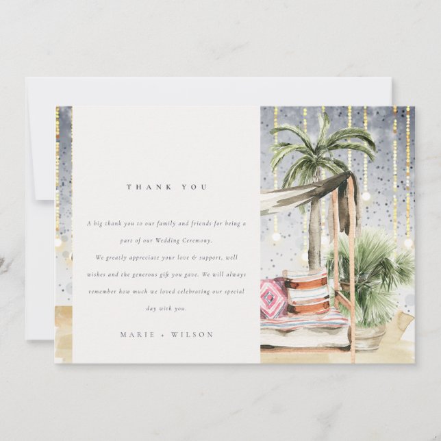 Starry Night Tropical Palm Beach Cabana Wedding Thank You Card (Front)