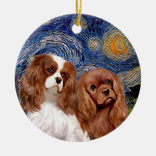 Starry Night - TWO Cavaliers (BL+Ruby) Ceramic Ornament