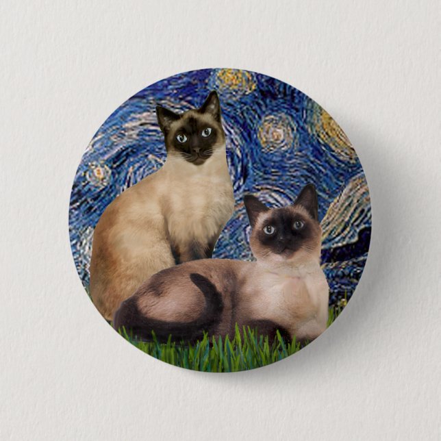 Starry Night - Two Siamese cats (Choc Pt) 2 Inch Round Button (Front)
