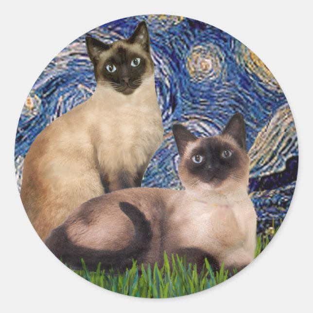 Starry Night - Two Siamese cats (Choc Pt) Classic Round Sticker (Front)