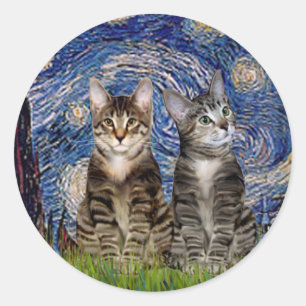 Starry Night - Two Tabby Tiger Cats Classic Round Sticker