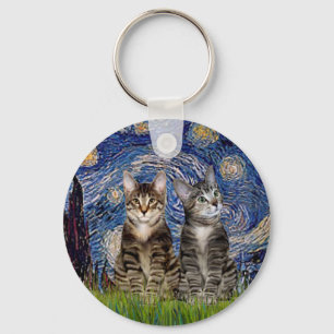 Starry Night - Two Tabby Tiger Cats Keychain
