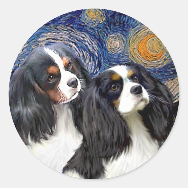 Starry Night - Two Tri Cavaliers Classic Round Sticker (Front)
