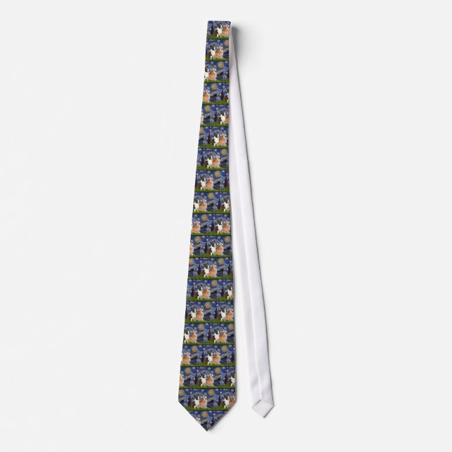 Starry Night - Two Welsh Corgis (C + P) Tie (Front)