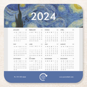 Starry Night Van Gogh Business Logo 2024 Calendar Square Paper Coaster